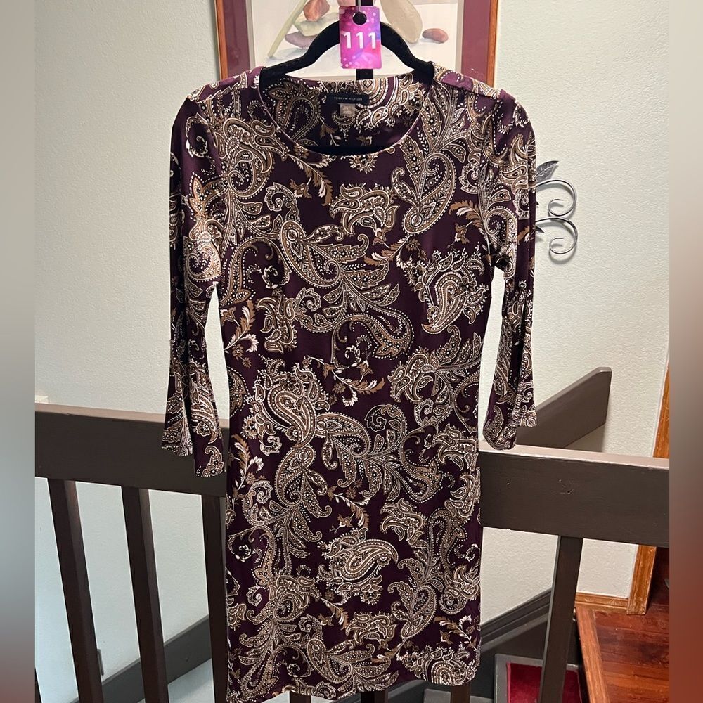 Tommy Hilfiger Paisley Print Dress Purple & Brown 3/4 Bell Sleeves Size 4 #111